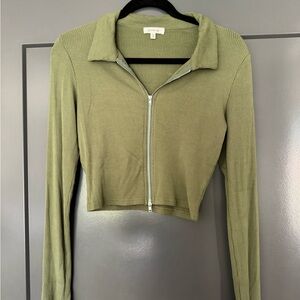 Olive Green Ribbed Zip-Up Cropped Top